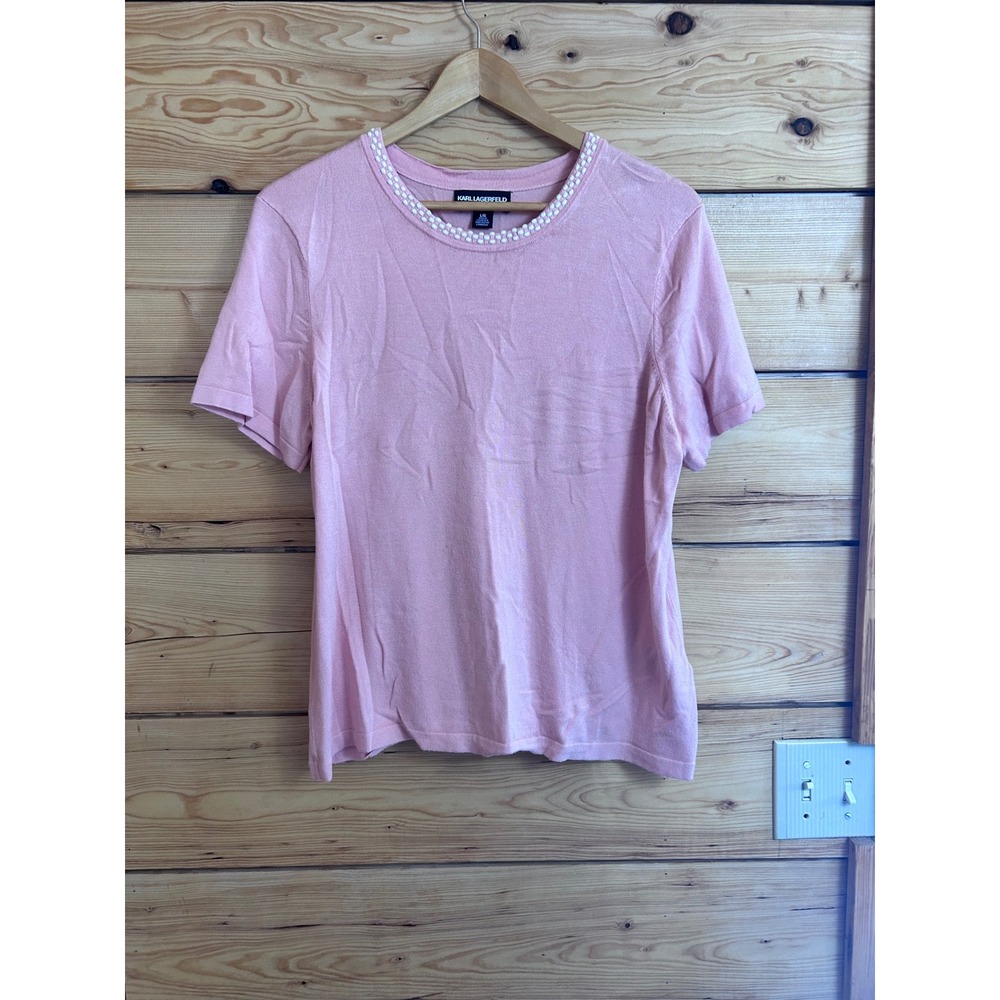 Karl Lagerfeld Paris Pink Short Sleeve Pearl Trim Sweater Top Large‎ 8665000
